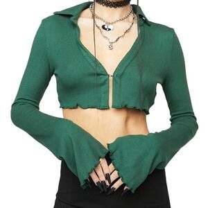 Edikted Dark Green‎ Cropped Cardigan Bell Sleeves Lettuce Edge Boho Y2K Sz Small